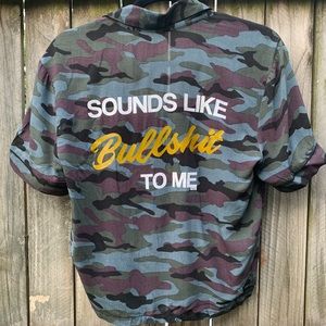 Bullsh*t camo button up crop top
